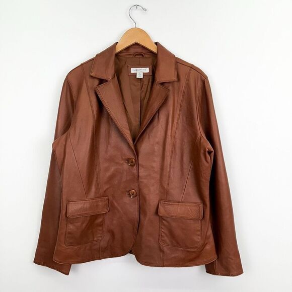 Coldwater Creek Women’s Supple Cognac Leather 2 Button Blazer Jacket - Picture 1 of 9